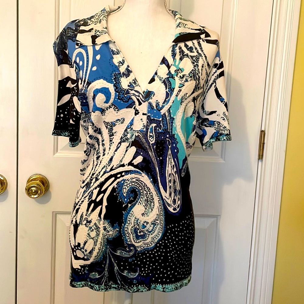 Caché Vintage Blue Paisley Beaded Sweater w/ V-Neck & Collar